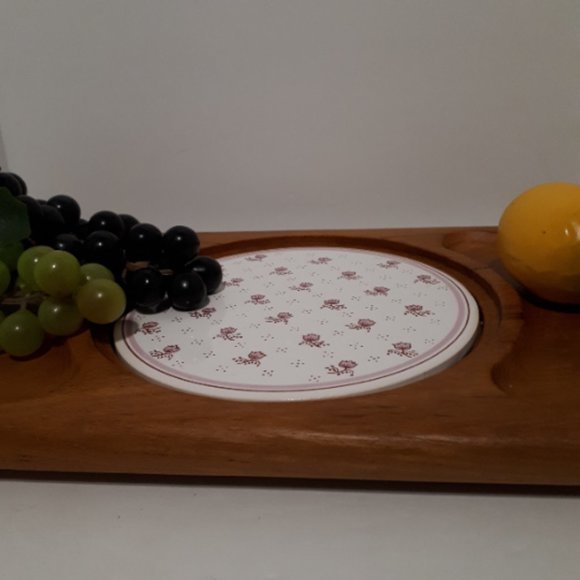 MCM Wood Cheese Board Pink Tulips Ceramic Middle Gailstyn-Sutton 1960's - Picture 5 of 6
